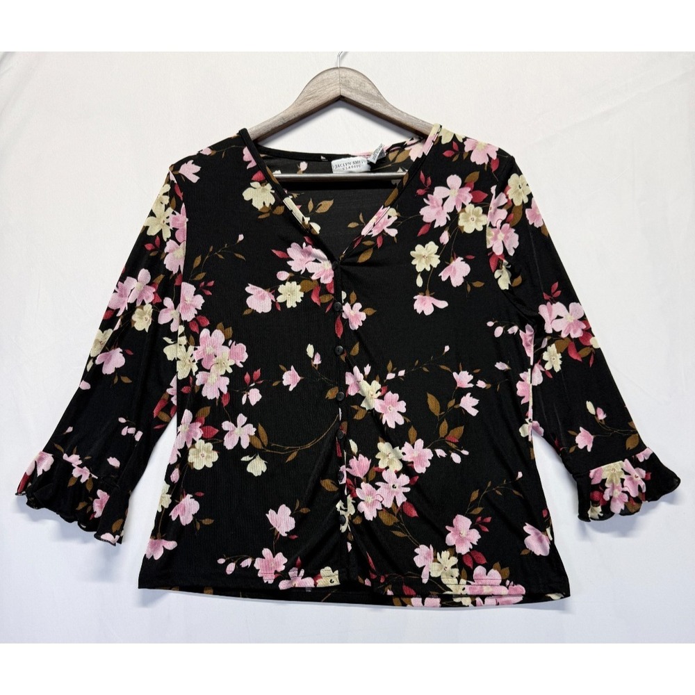Jaclyn Smith Classic‎ Blouse Top Womens L Black Multi Floral Bell Sleeve V Neck